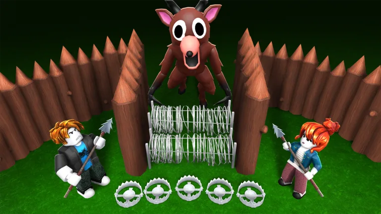 Survivors with spears defending a spiked camp fence and bear traps
