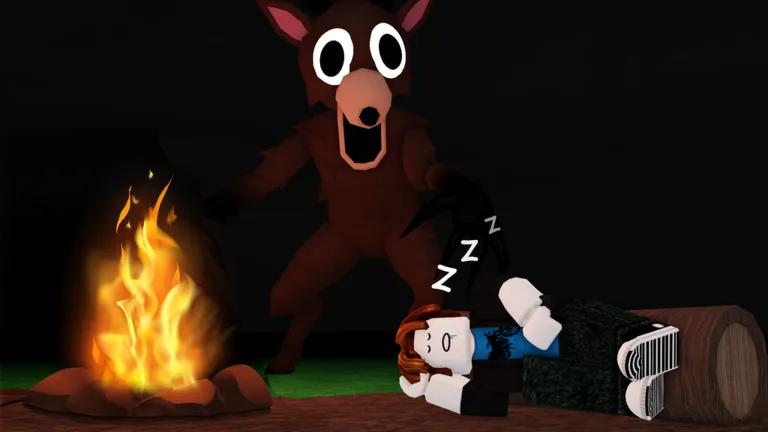 A campfire burning beside a sleeping survivor while the Deer looms in the dark