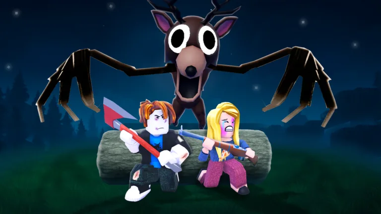 Two survivors holding an axe and a rifle facing a towering Deer in the night forest
