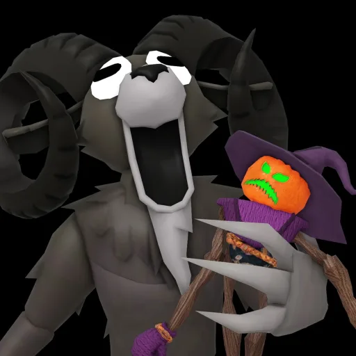 Ram-horned creature holding a jack-o'-lantern staff